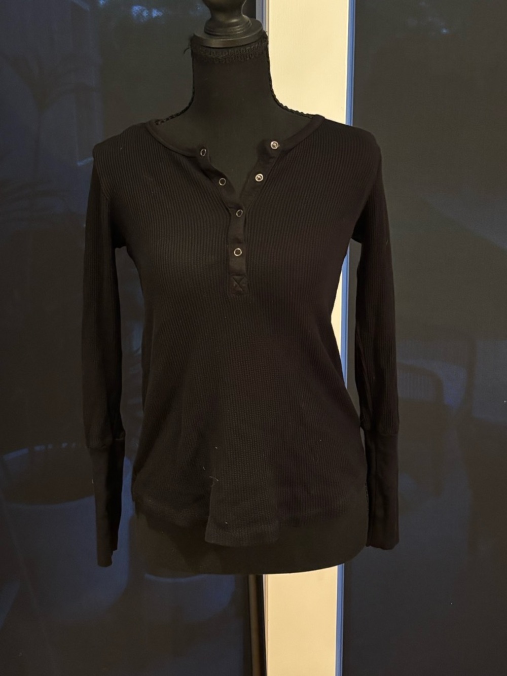 Splendid Black Ribbed Henley Long-Sleeve Top